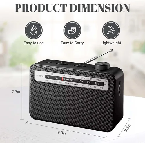 Miniatura 2 de Philips Radio portátil AM/FM con altavoz, CA o batería AM FM radios alimentados para viajes con conector de auriculares de 0.138 in y sintonizador