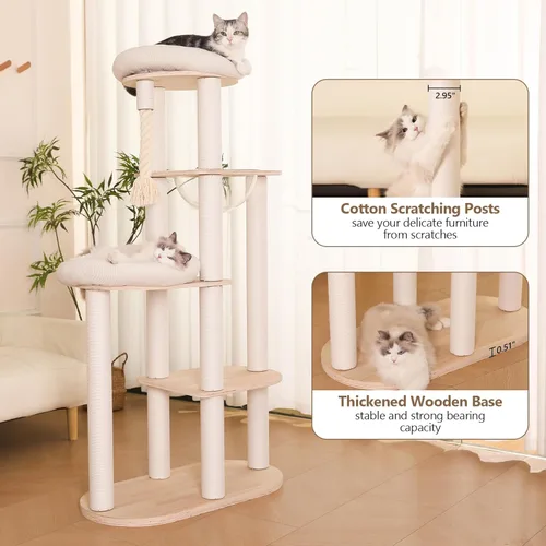 Miniatura 4 de Árbol moderno para gatos de 59 pulgadas, torre grande de varios niveles, árbol de madera resistente para gatos con hamaca, poste rascador de algodón