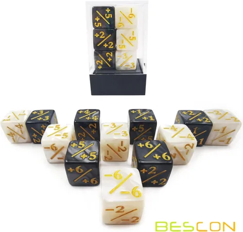 Miniatura 5 de Juego de 12 contadores de dados positivos y negativos de 0.630 in en caja de ladrillos, dados de fidelidad de dados de token de mármol, compatibles