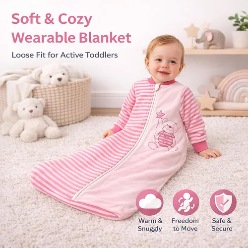 Miniatura 4 de Saco de dormir para bebé, manta de manga larga de terciopelo de algodón para niñas y niños pequeños, rosa, cremallera de 2 vías, sensación de Rosado