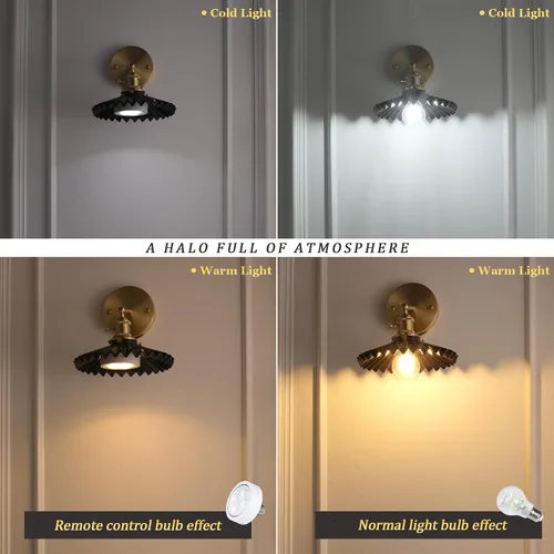 Miniatura 7 de Shenmoyl - Aplique de pared vintage con pantalla de lámpara plisada de cerámica negra, apliques de latón ajustables a 180 grados, lámpara de pared