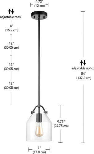 Miniatura 6 de Globe Electric 67000097 Lámpara colgante de 1 luz, negro mate, pantalla de vidrio transparente, varillas de altura colgante ajustable, iluminación