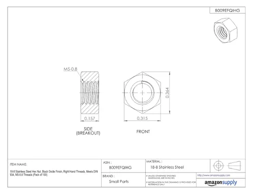 Miniatura 2 de Tuerca hexagonal de acero inoxidable 18-8, acabado de óxido negro, DIN 934, métrica, tamaño de rosca M5-0.8, 0.315 in de ancho en pisos, 0.157 in