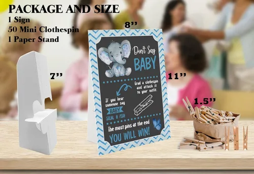 Miniatura 2 de Blue Elephant Don't Say Baby Game - 1 letrero y 50 mini pinzas naturales para la ropa, juego de baby shower de género neutro y decoraciones