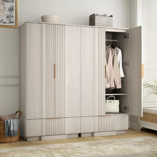 Miniatura 12 de Yechen Armario estriado de 67 pulgadas con puertas y cajón, armario de madera con estante ajustable, armarios pequeños modernos para almacenamiento