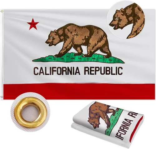 Bandera de California 3x5 pies para exterior, de doble cara, resistente, tela de poliéster 210D, con oso y estrella bordados y 4 hileras de costura
