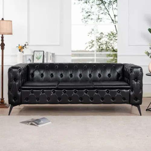 Miniatura 3 de Sofá Chesterfield de 84 pulgadas, piel sintética, cojín extraíble tradicional con brazo cuadrado de 3 plazas, ribete de botón copetudo con patas