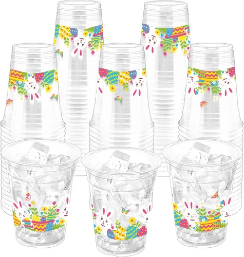 100 vasos de plástico para fiesta de Pascua, huevos de conejo de 12 onzas, vasos transparentes desechables para decoraciones de fiesta de Pascua,