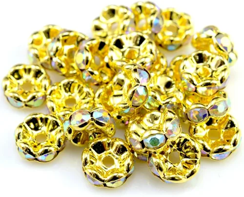 Miniatura 30 de RUBYCA 100 unidades de cuentas espaciadoras redondas estilo Rondelle en tono dorado de 10 mm, cristal checo AB blanco
