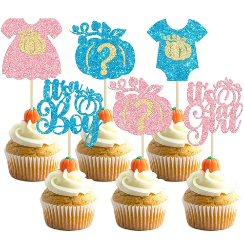 Gyufise 24 adornos para cupcakes de revelación de género, decoraciones para pasteles de niños o niñas para Acción de Gracias, Halloween, tema de