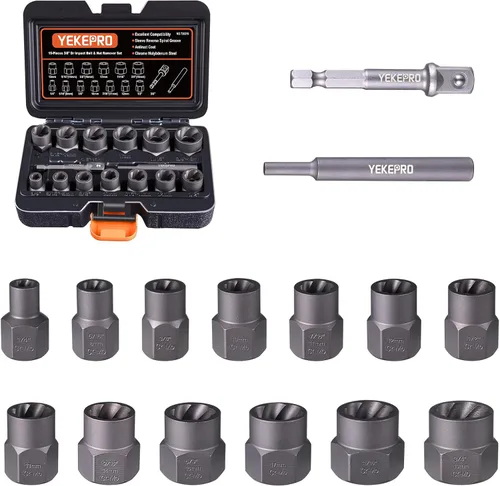 Miniatura 6 de Juego de 15 piezas de extractor de pernos, juego de zócalos de impacto de 3/8" para quitar pernos y tuercas, para pernos y tuercas dañados