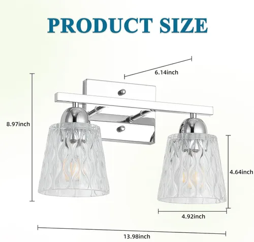Miniatura 5 de Mecgirn Lámpara de tocador de baño de acero inoxidable sobre espejo, 2 lámparas de baño cromadas pulidas con pantallas de vidrio texturizado, Cromo