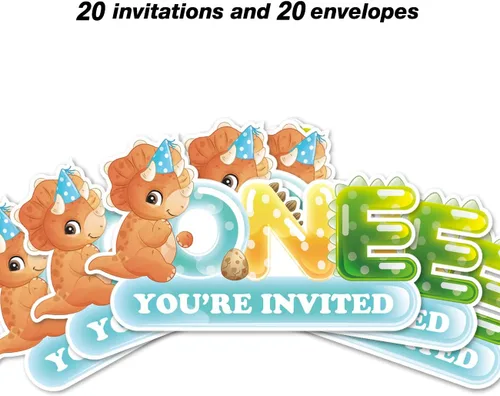 Miniatura 3 de Invitaciones de dinosaurio para la primera fiesta con sobres, juego de 20 invitaciones en forma de dinosaurio para cumpleaños de un año, baby
