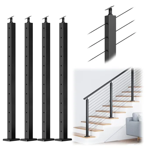 Miniatura 8 de Muzata Paquete de 4 postes de barandilla de cable negro de 42 pulgadas, 42 x 2 x 2 pulgadas, montaje en superficie perforada de nivel T304, kit