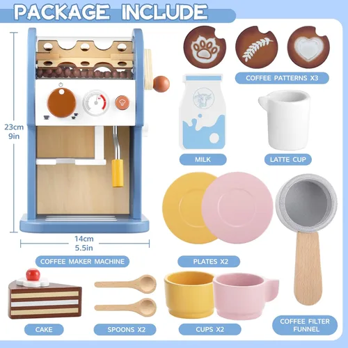 Miniatura 5 de GAGAKU Máquina de café de madera de juguete con molinillo, 15 piezas, accesorios de cocina de madera para niños, no tóxico, juego de simulación, Azul