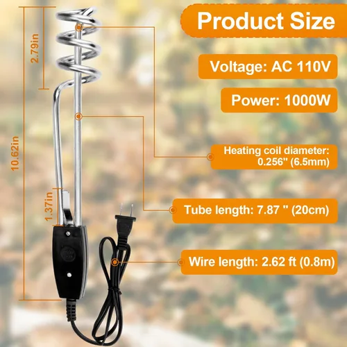 Miniatura 5 de Calentador de agua de inmersión de 1000W-110V, calentador de agua eléctrico de 10 pulgadas, elemento de inmersión sumergible portátil, elemento