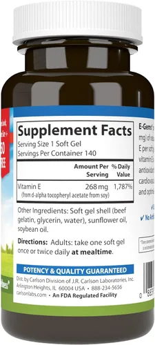 Miniatura 2 de Carlson - E-Gems 400 UI (268 mg), vitamina E de origen natural, bienestar óptimo, 140 geles blandos