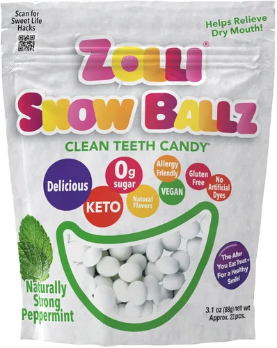 Zolli Snow Ballz Clean Teeth Candy sin azúcar, sin colorantes, apto para dieta keto y diabética, golosinas aprobadas por dentistas para niños