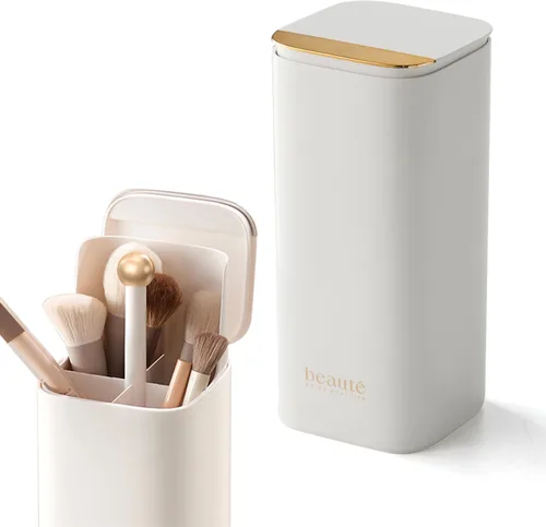 Miniatura 6 de Soporte para brochas de maquillaje emergente con tapa, organizador de brochas de maquillaje de 4 ranuras, organizador de cosméticos de maquillaje