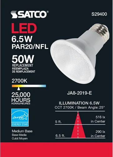 Miniatura 9 de Satco Bombilla LED de estado sólido S9400, plata, 7 vatios, voltaje 120, 525 lúmenes iniciales, forma de lámpara PAR20, base media, base ANSI E26