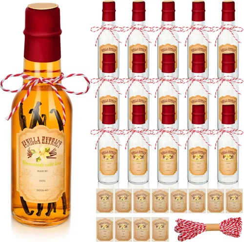Miniatura 24 de Tioncy 16 botellas vacías de extracto de vainilla para botella de vidrio casera con tapa, banda retráctil, calcomanía, manualidades, regalo de boda