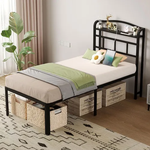 Miniatura 6 de SHOANED Base de cama de metal de 18 pulgadas, base de colchón básica de plataforma resistente de color negro con cabecera y estación de carga,