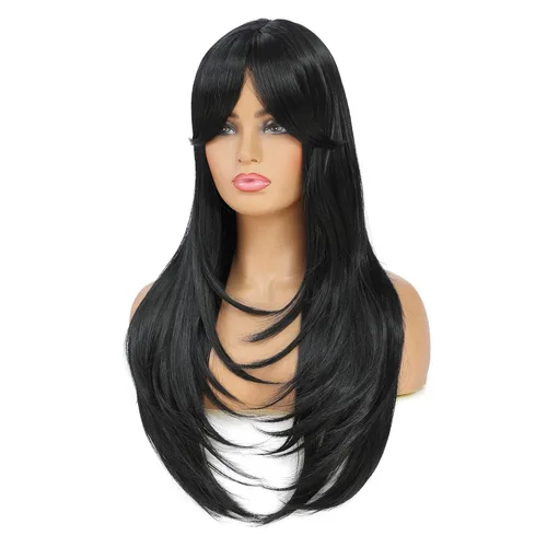 Miniatura 4 de SWACC Peluca de pelo sintético con flequillo largo en capas para mujeres con gorra de peluca (negro)