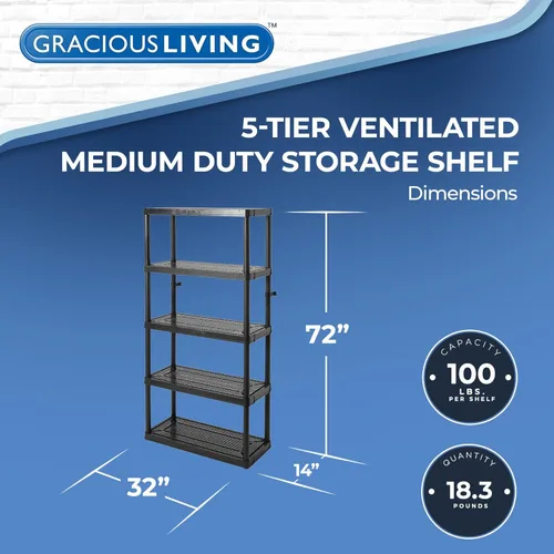 Miniatura 3 de Gracious Living Unidad de almacenamiento de 5 estantes de altura fija ventilada de servicio medio, 14 x 32 x 72 pulgadas, sistema organizador