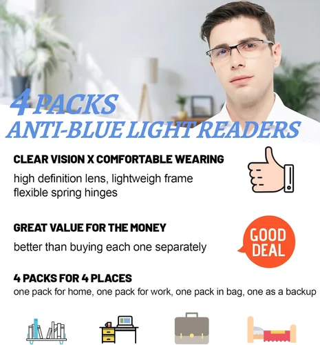 Miniatura 7 de Paquete de 4 lentes de lectura TR para mujeres y hombres, con bloqueo de luz azul, lectores 1.0 1.5 2.0 2.5 3.0 4.0