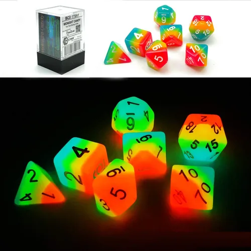 Bescon Fantasía Arco Iris Brillante Dados Poliédricos 7pcs Set Caramelo de Medianoche, Juego de dados RPG Luminoso Resplandor en la oscuridad,