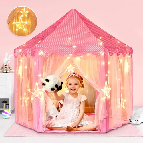 Miniatura 9 de wilwolfer Tienda de campaña tipo castillo de princesa para niñas, tienda de campaña hexagonal grande para jugar, casa de juegos con luces de Tienda
