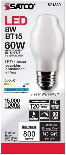 Miniatura 4 de Satco S21339 BT15 - Bombilla LED de filamento de 8 W, 120 V, acabado blanco, luz diurna de 5000 K, 800 lúmenes, base media E26, regulable, ubicación