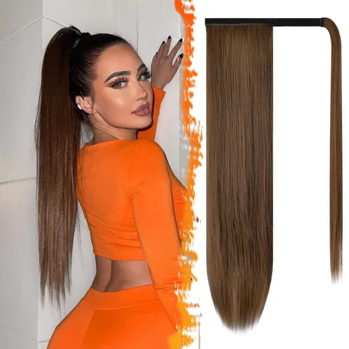 Miniatura 76 de BARSDAR Extensión de cola de caballo de 28 pulgadas largo recto envoltura alrededor del clip en pelo de fibra sintética para mujeres, negro