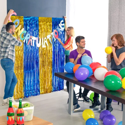 Miniatura 3 de LOLStar Paquete de 2 decoraciones de fiesta de graduación azul y dorado 2025, cortinas de flecos de aluminio de 3.3 x 6.6 pies, telón de fondo