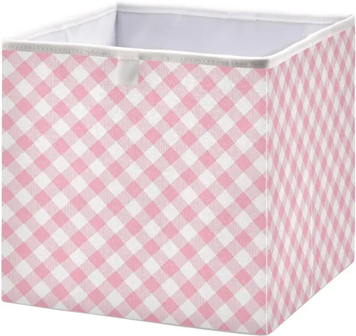 Cesta de almacenamiento plegable de cuadros rosa de 11 x 11 x 11 pulgadas, cubo de almacenamiento para decoración del hogar, cesta de almacenamiento