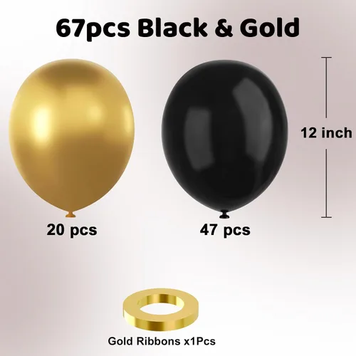 Miniatura 2 de YMSZ Globos negros y dorados, 67 globos metálicos dorados y negros de 12 pulgadas para cumpleaños, jubilación, graduación, decoración de fiesta