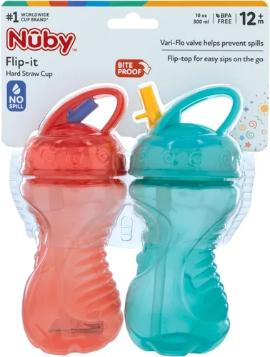 Miniatura 2 de Nuby Flip-It - Vasos duros con pajita Vari-Flo (paquete de 2) 10 onzas, resistentes a derrames, a partir de 12 meses, color aguamarina/rojo