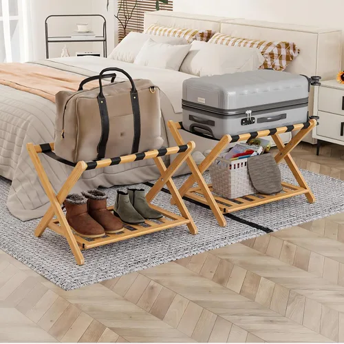 Miniatura 21 de Smart FENDEE Portaequipajes negro totalmente montado, soporte para maleta con estante para zapatos, soporte de equipaje plegable de madera