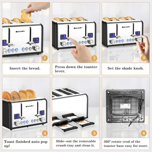 Miniatura 6 de Tostadora de 4 rebanadas, tostador de panecillos de acero inoxidable KitchMix con temporizador LCD, ranuras extra anchas, pantalla dual, bandeja
