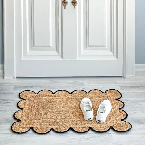 Miniatura 3 de Alfombra festoneada de yute natural, borde negro, 2 x 3 pies