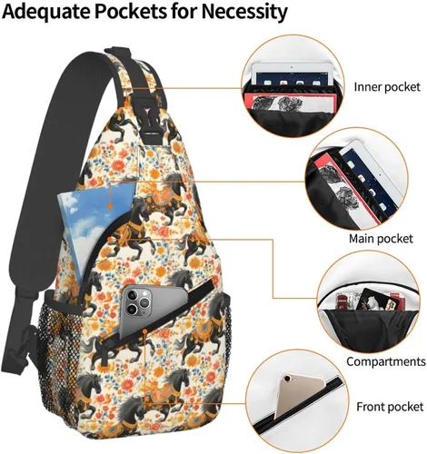 Miniatura 4 de Small Crossbody Bags for Women Men - Vintage Flowers Horse Black Print Adjustable Shoulder Bag Fanny Packs Belt Sling Bag Crossbody Purses Backpack