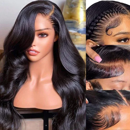 Miniatura 2 de LuAiJa Peluca de cabello humano ondulado con encaje frontal, cabello humano prearrancado, encaje frontal HD de 13 x 4, densidad 180, cabello de Negro