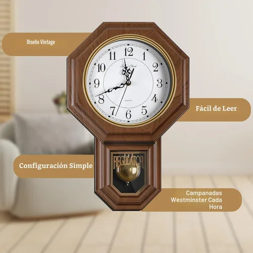 Miniatura 6 de Reloj de pared de péndulo que funciona con pilas, reloj regulador de plástico de imitación de madera con péndulo, relojes de pared decorativos