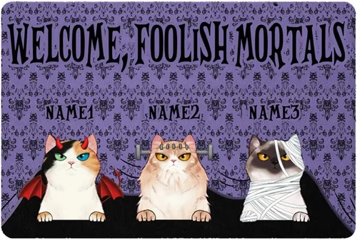 Felpudo personalizado de Halloween con diseño de gatos para Halloween, con texto en inglés "Welcome Foolish Mortals", color morado, vintage, regalo