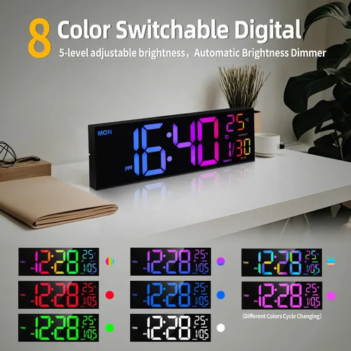 Miniatura 4 de HAITANG Reloj de pared digital de 8 colores, reloj digital grande de 16.2 pulgadas con temperatura, fecha, DST automático, luz nocturna, atenuador