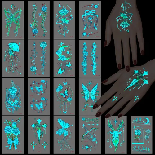 Konsait 18 hojas de tatuajes temporales que brillan en la oscuridad para mujeres y niñas, tatuajes de luz azul y negra, tatuaje de flores y