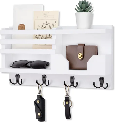 Miniatura 9 de Lwenki Organizador de Correo y Llavero para Pared - Organizador Decorativo de Entrada de 15.9" x 8.7" x 3.2" con Estante - Madera de Paulownia con 4