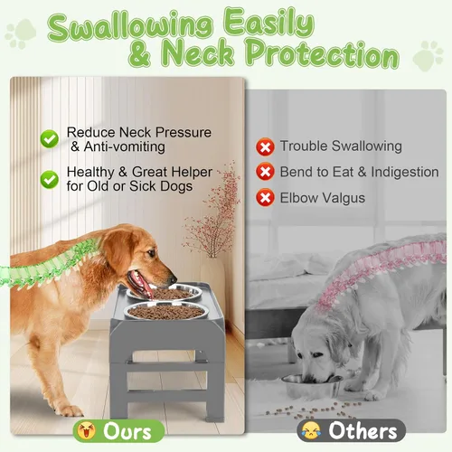 Miniatura 3 de Soporte elevado para cuenco para perros con 2 cuencos de acero inoxidable, altura ajustable para perros medianos y grandes, comedero plegable de Gris
