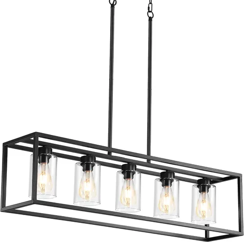 Miniatura 8 de Lámpara de comedor negra de 5 luces, candelabros modernos de granja, iluminación rectangular lineal para isla de cocina, iluminación colgante