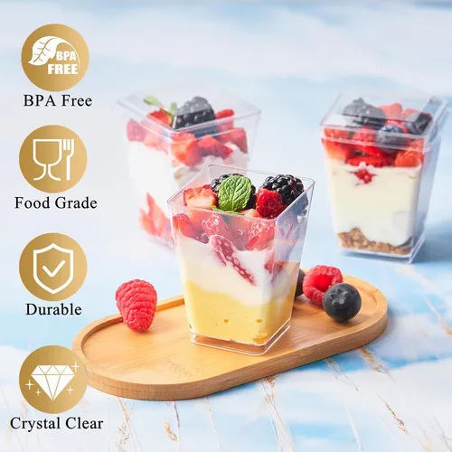 Miniatura 3 de TOFLEN Paquete de 100 Tazas de Postre de Plástico de 5 oz con Tapas para Fiestas, Mini Tazas de Postre con Cucharas Tazas Shooter de Postre